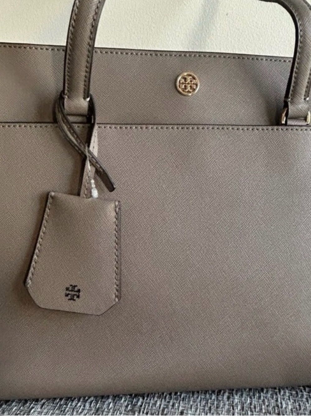 Tory Burch Taupe Saffiano Satchel with Gold Logo